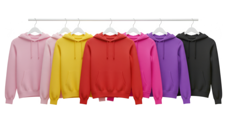 Row of colorful hoodies on hangers, perfect for casual wear on transparent background, winter collection