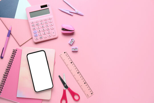 Set of school stationery and mobile phone on pink background - Powered by Adobe
