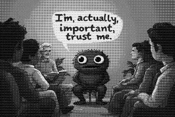 Two quirky cartoon monsters one speaking Im actually important trust me with comical expressions monochrome.