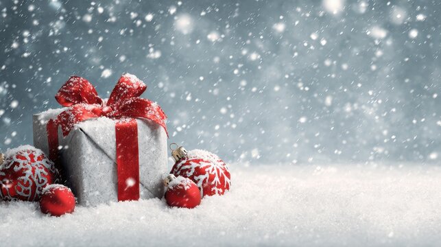 a festive winter scene featuring a wrapped present with a red bow ornaments and falling snow