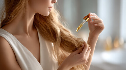 A woman applies nourishing hair oil with a glass dropper to sunlit blonde strands. The silky serum coats the ends, promising shine, repair, and frizz control.