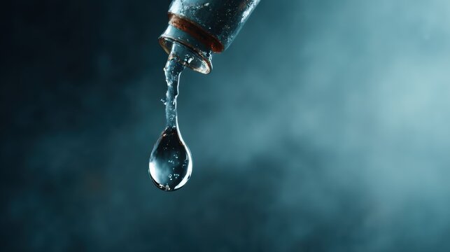 Macro water droplet falls from a glass bottle against blue bokeh. The clear liquid captures purity and motion with delicate tension and sparkle.