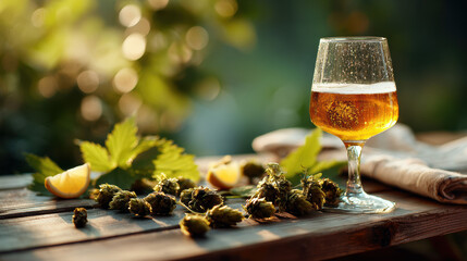 A sparkling craft beer glows in a tulip glass beside fresh hops and lemon on a rustic table. Golden bubbles and garden bokeh evoke summer brewing and crisp refreshment.
