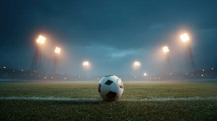 Soccer ball rests on a wet pitch under bright floodlights. A misty stadium at night creates a dramatic atmosphere before kickoff.