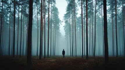A solitary figure stands in a misty pine forest. Tall trunks fade into blue fog, creating a moody, symmetrical landscape of silence and solitude.