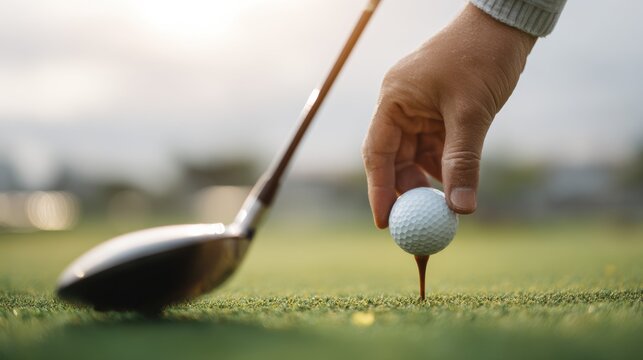 Close-up of a golfer placing a golf ball on a tee beside a driver. Soft morning light and crisp grass detail highlight precision and focus before the swing.