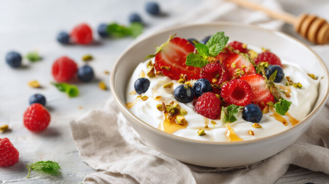 Creamy Greek yogurt topped with fresh berries, pistachios, and mint. Golden honey drizzles over the bowl, creating a wholesome breakfast with vibrant color and appetizing texture.