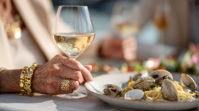 An elegant hand with gold jewelry holds a glass of white wine beside clams and spaghetti. Alfresco coastal dining highlights gourmet seafood pasta in warm evening light. - Powered by Adobe