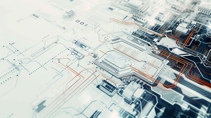 Abstract futuristic circuit board with glowing orange data pathways. High-tech digital network and computer technology background. Concept of artificial intelligence and data processing