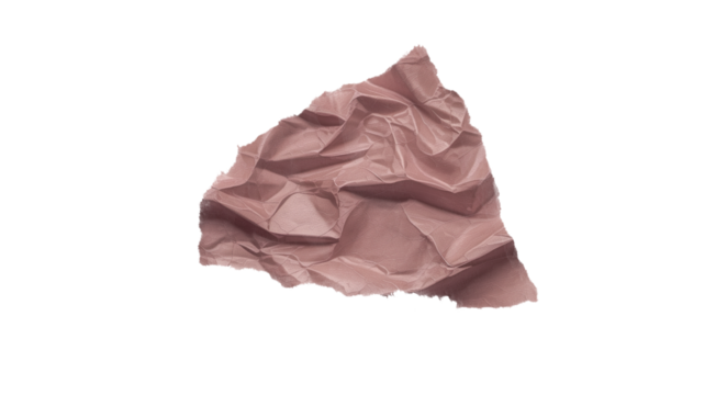 A single crumpled piece of light pink paper with torn edges casting a subtle shadow isolated on transparent background