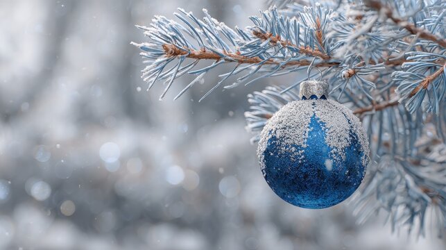 frosted blue christmas ornament on a snowy pine branch winter holiday decoration for festive greeting card new year celebration background