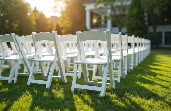 Rows of neat white chairs stand on green lawn. Venue is ready for wedding celebration outdoors in sunny day. Chairs are arranged for marriage party on fresh grass.