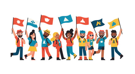 Diverse Group Displaying Flags, Symbolizing Unity and Exploration with Illustrated People