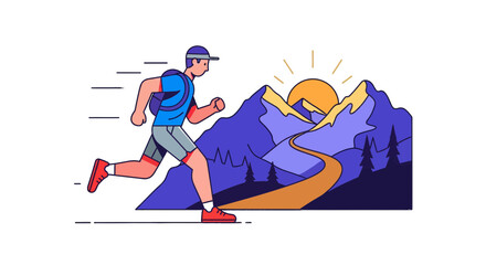 Fototapeta premium Energetic Runner Ascending Mountain Path Towards Sun as Sporty Lifestyle Concept