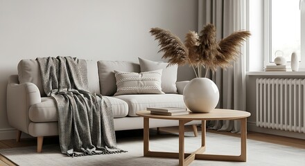 Living room interior design with cozy couch and natural decorations