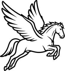Mythical winged horse pegasus in a dynamic leaping pose with spread wings in a simple line drawing style