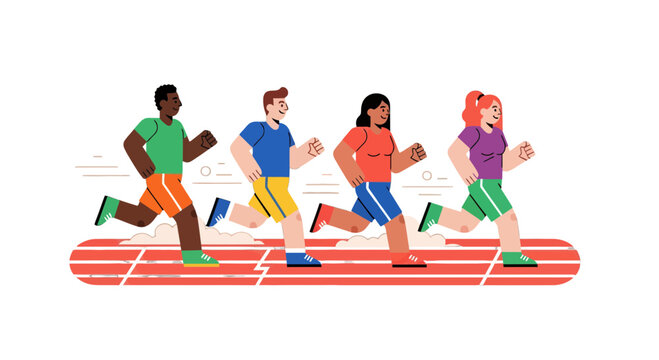 Diverse Group Running Together on Track in Colorful Outfits, Celebrating Fitness