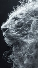 A majestic lion's head formed from ethereal white smoke. Vertical abstract fantasy art on a black background. Concept of power, spirit, and strength