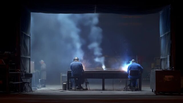 Industrial workers welding metal in a workshop with smoke and sparks