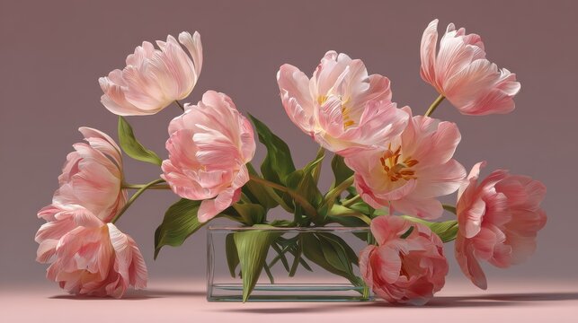 fresh floral display pink tulip showcased on a gentle background flat arrangement - Powered by Adobe