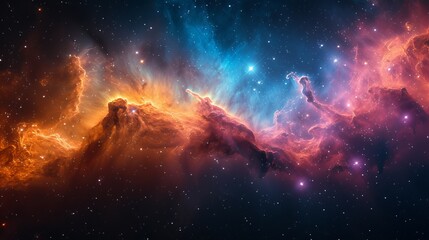 A vibrant cosmic landscape of a colorful nebula in deep space. Star-forming region with glowing interstellar gas and dust. Astronomy and universe background