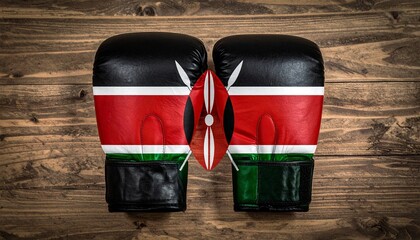 Black boxing glove with Kenyan flag design, rustic wood background, national strength meets crafted resilience.