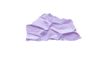 A single crumpled piece of light purple paper with irregular edges and many folds and creases isolated on transparent background