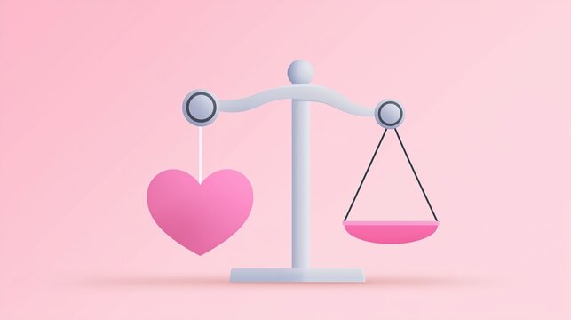 Pink heart and scale illustration representing balance and harmony, symbolizing love and justice, set against a soft pink background for emotional and conceptual themes