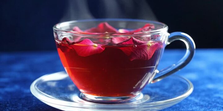 A clear glass cup of crimson tea with rose petals rests on a matching saucer against a blue backdrop