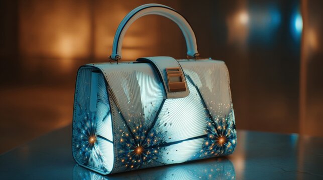 A beautifully crafted handbag with a unique pattern is displayed on a sleek surface. The soft lighting highlights the intricate details of the bag, giving it a stylish appearance.
