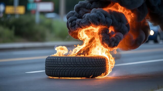 A car tire burns intensely on the side of a road emitting thick black smoke