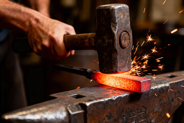 Blacksmith hammering red-hot metal on an anvil, creating sparks in a workshop