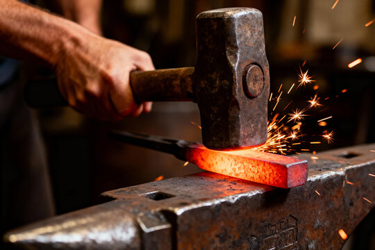 Blacksmith hammering red-hot metal on an anvil, creating sparks in a workshop