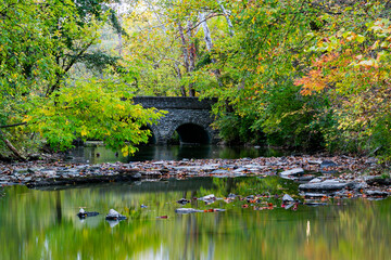 View of a stone bridge reflected in the still waters, embraced by the vibrant hues of autumn foliage in Sharonville, Ohio, United States.