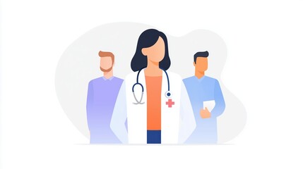Medical professionals standing together, featuring a female doctor in a white coat with a stethoscope, surrounded by male colleagues, representing teamwork in healthcare and medical services