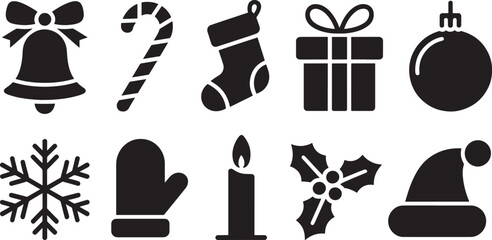 Christmas Icons Silhouette Collection Including Bell Candy Cane Stocking Gift Ornament Snowflake Mitten Candle Holly and Hat Keywords: christmas, holiday, icon, silhouette, vector, bell, candy