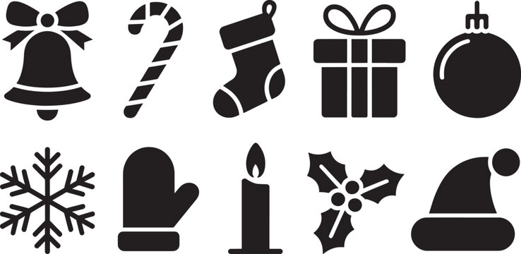 Christmas Icons Silhouette Collection Including Bell Candy Cane Stocking Gift Ornament Snowflake Mitten Candle Holly and Hat Keywords: christmas, holiday, icon, silhouette, vector, bell, candy