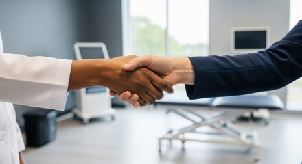 Handshake between a doctor in white coat and business person in modern office for trust and medical collaboration.