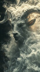 Mythical ram creature emerging from magical smoke. Vertical fantasy portrait of a powerful goat god with glowing eyes. Zodiac concept for Aries or Capricorn