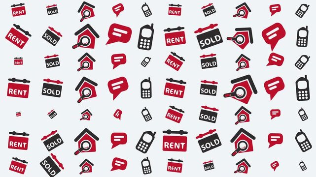 Real Estate Market Concept with Rent and Sold Signs, Digital Icons, and Mobile Devices, Business Graphic Illustration with Flat Design