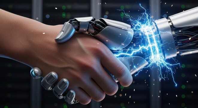 Futuristic handshake with a human and a robot, symbolizing technology, partnership, and future collaboration.