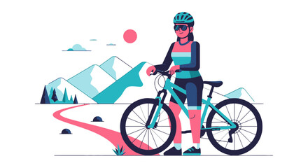 Fototapeta premium Woman Posing Beside Her Bicycle in a Mountain Landscape at Sunset