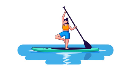Fototapeta premium Woman Practicing Yoga While Paddle Boarding With The Paddle and Balancing Act