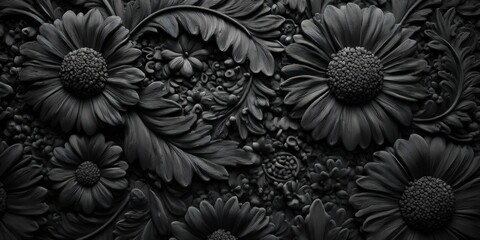 Monochromatic floral artwork featuring detailed flower petals and leaf patterns, perfect for elegant backgrounds and creative designs.