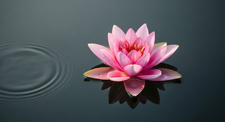 A pink lotus flower floating on dark water with ripples around it in a tranquil scene view image