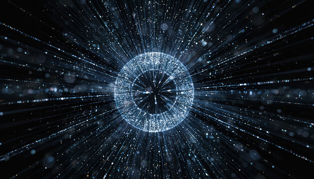 Cosmic planetary explosion with particle debris fallout in black outer space, abstract digital representation, isolation and vastness
