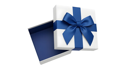 White gift box with blue ribbon