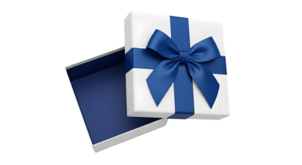 White gift box with blue ribbon