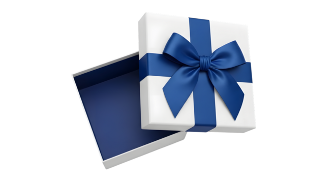 White gift box with blue ribbon