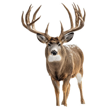 Png of majestic mule deer buck with huge antlers standing tall, isolated on transparent background, a symbol of wilderness